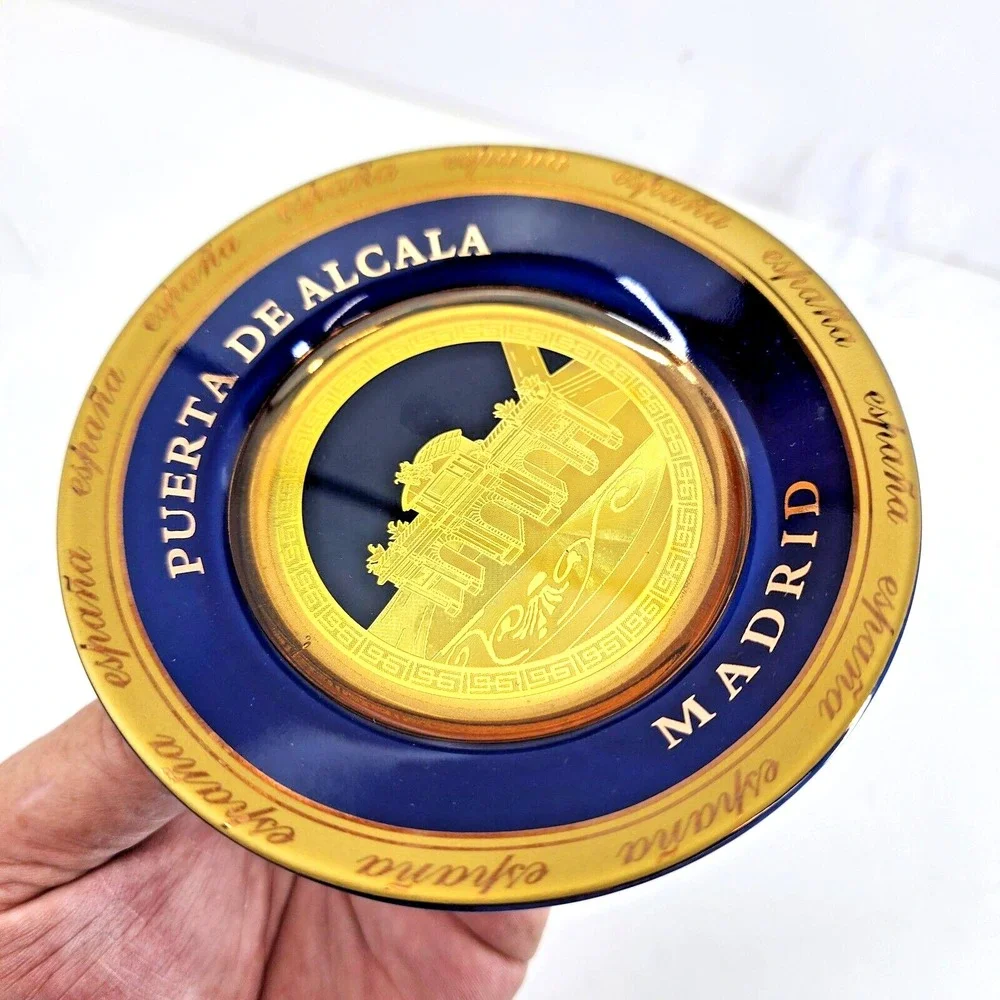 Puerta De Alaca Madrid Spain España 24k Gold Plated Cobalt Blue Souvenir Plate